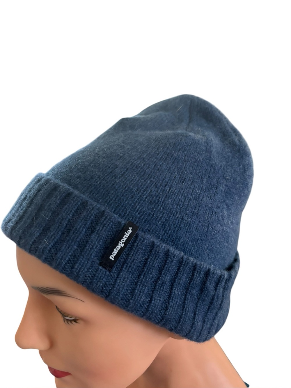 Patagonia Blue Wool Blend Beanie Hat W/Logo OS Runs Small Cozy Winter Ski Sled